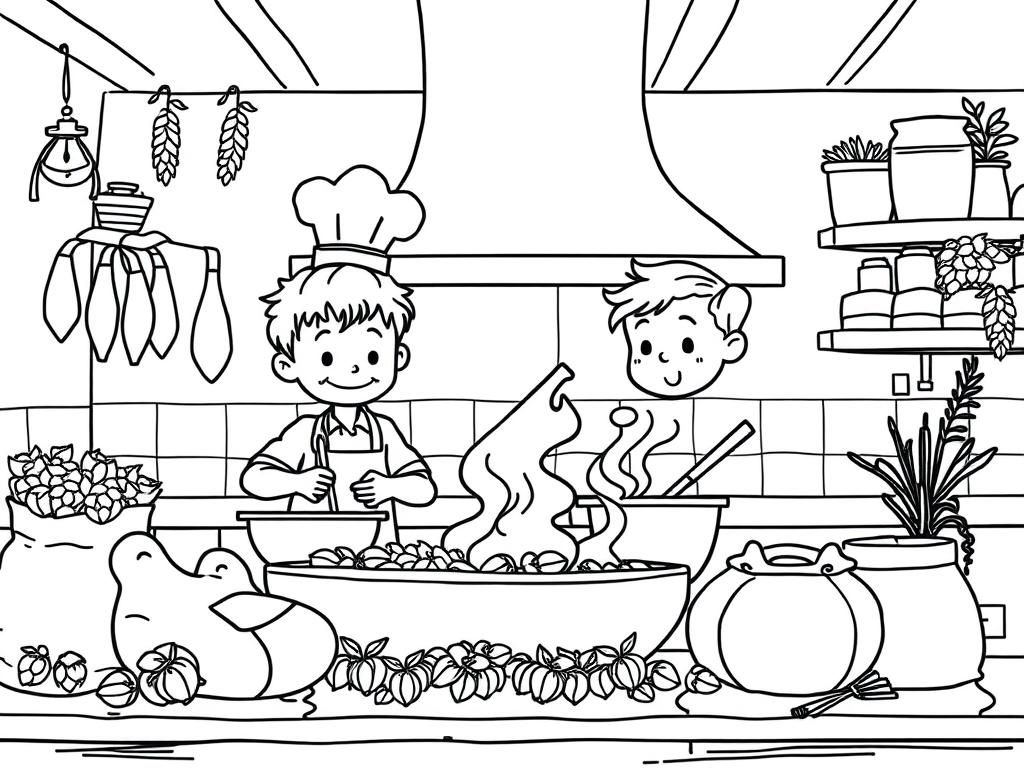 A restaurant kitchen with children cooking, one wearing a chef hat. Bags of hops and barley around.