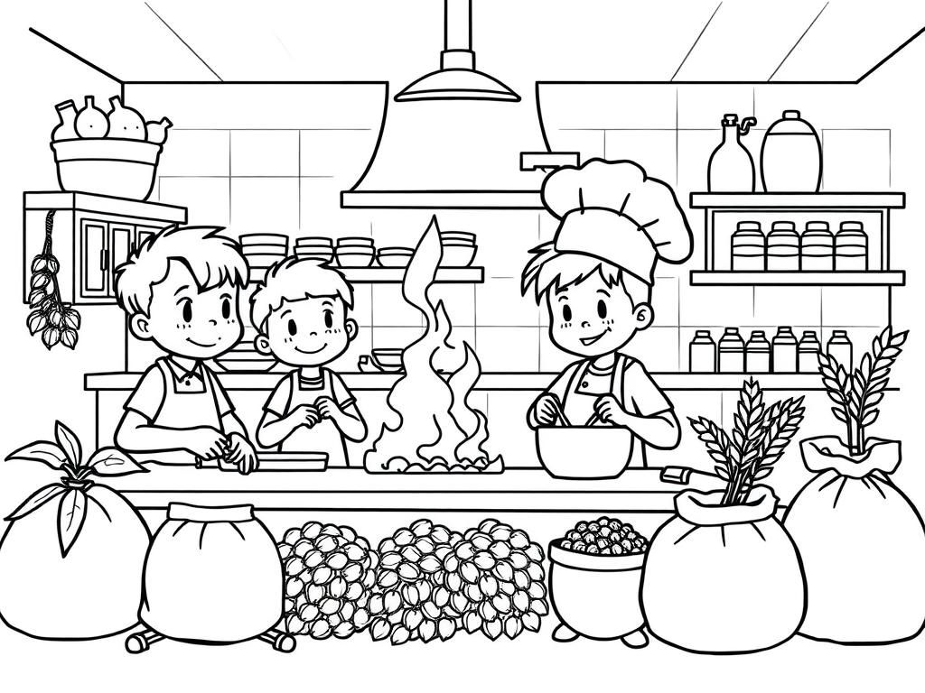 A restaurant kitchen with children cooking, one wearing a chef hat. Bags of hops and barley around.