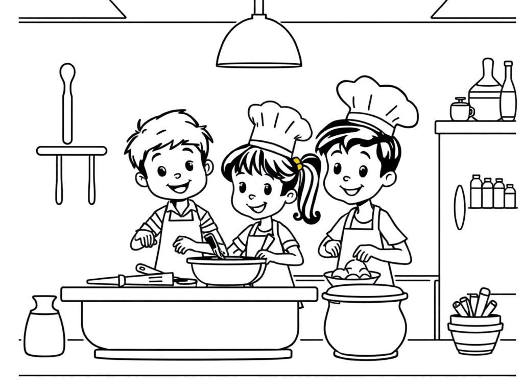 A restaurant kitchen with children cooking, one wearing a chef hat