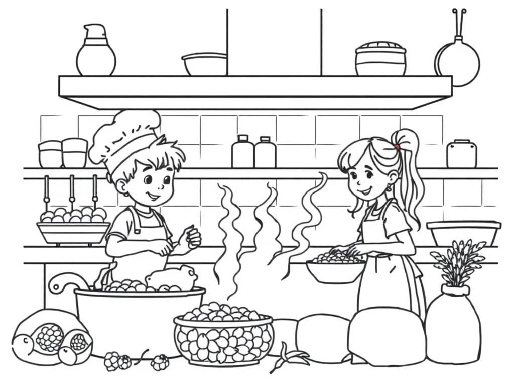 A restaurant kitchen with children cooking. Two boys and two girls, one wearing a chef hat. Bags of hops and barley around.