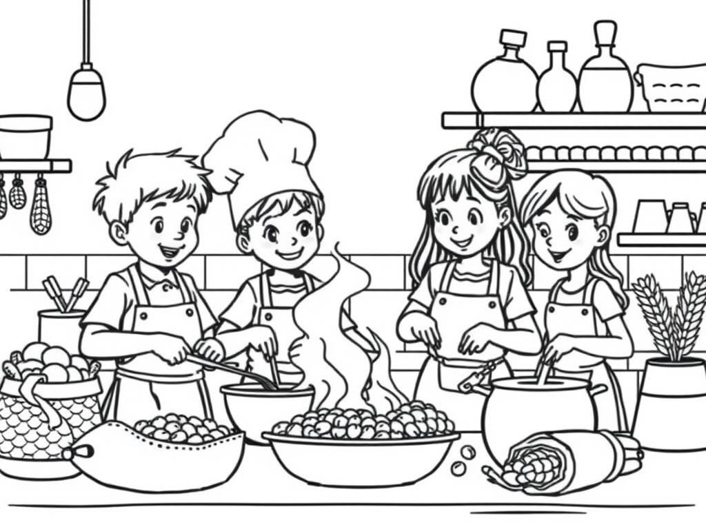 A restaurant kitchen with children cooking. Two boys and two girls, one wearing a chef hat. Bags of hops and barley around.