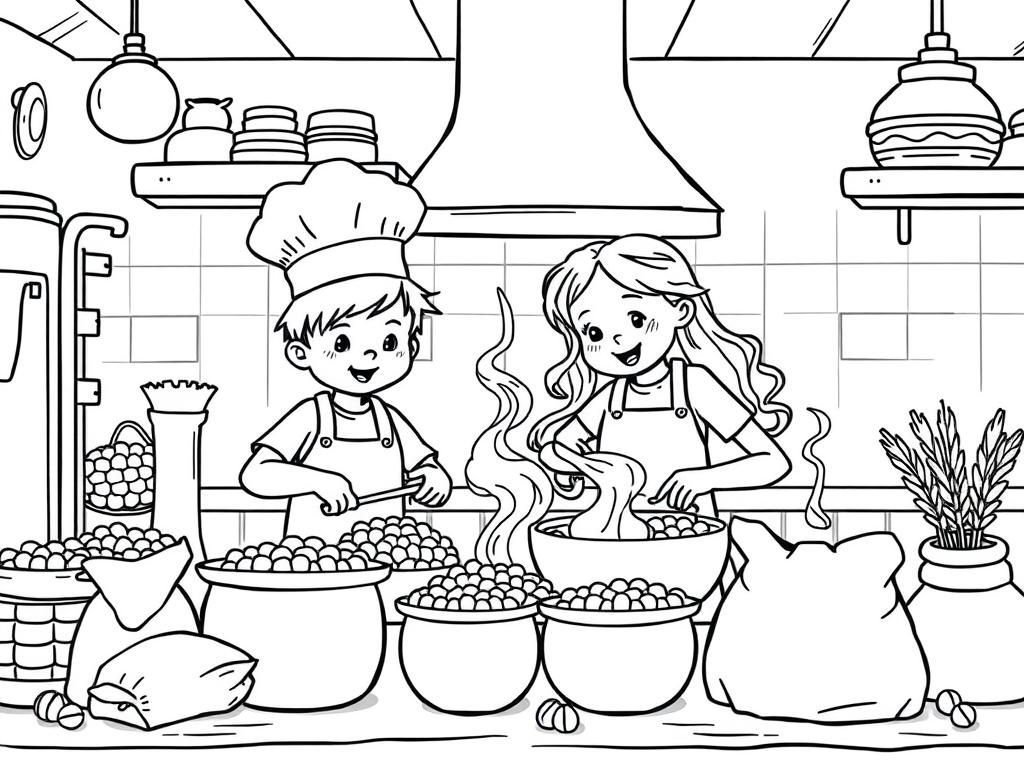 A restaurant kitchen with children cooking. Two boys and two girls, one wearing a chef hat. Bags of hops and barley around.