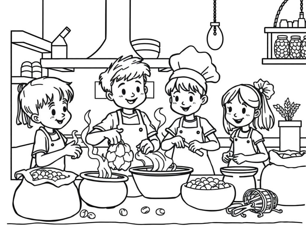 A restaurant kitchen with children cooking. Two boys and two girls, one wearing a chef hat. Bags of hops and barley around.