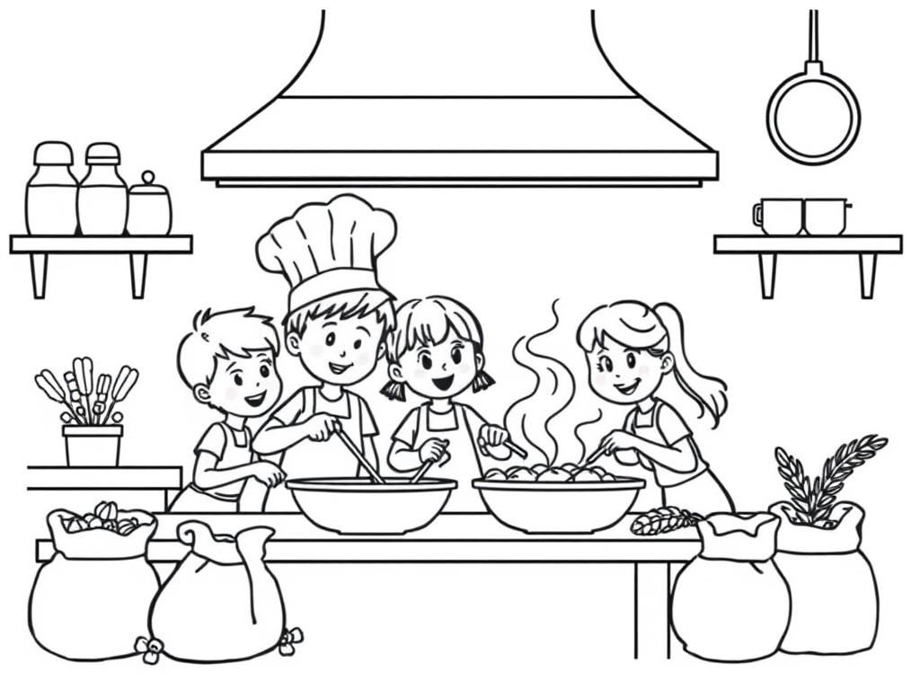A restaurant kitchen with children cooking. Two boys and two girls, one wearing a chef hat. Bags of hops and barley around.