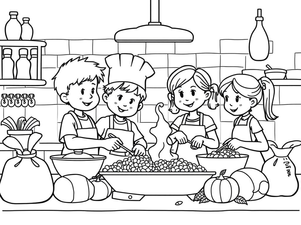 Preview of A restaurant kitchen with children cooking. Two boys and two girls, one wearing a chef hat. Bags of hops and barley around.