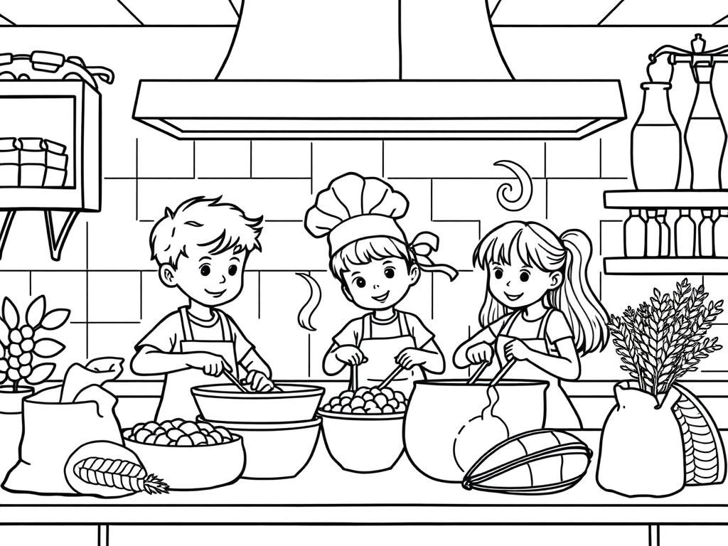 A restaurant kitchen with children cooking. Two boys and two girls, one wearing a chef hat. Bags of hops and barley around.