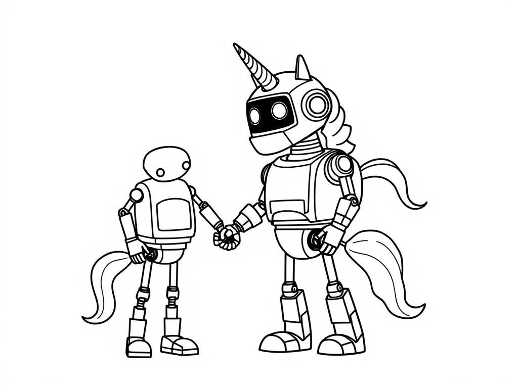 A robot and a unicorn holding hands