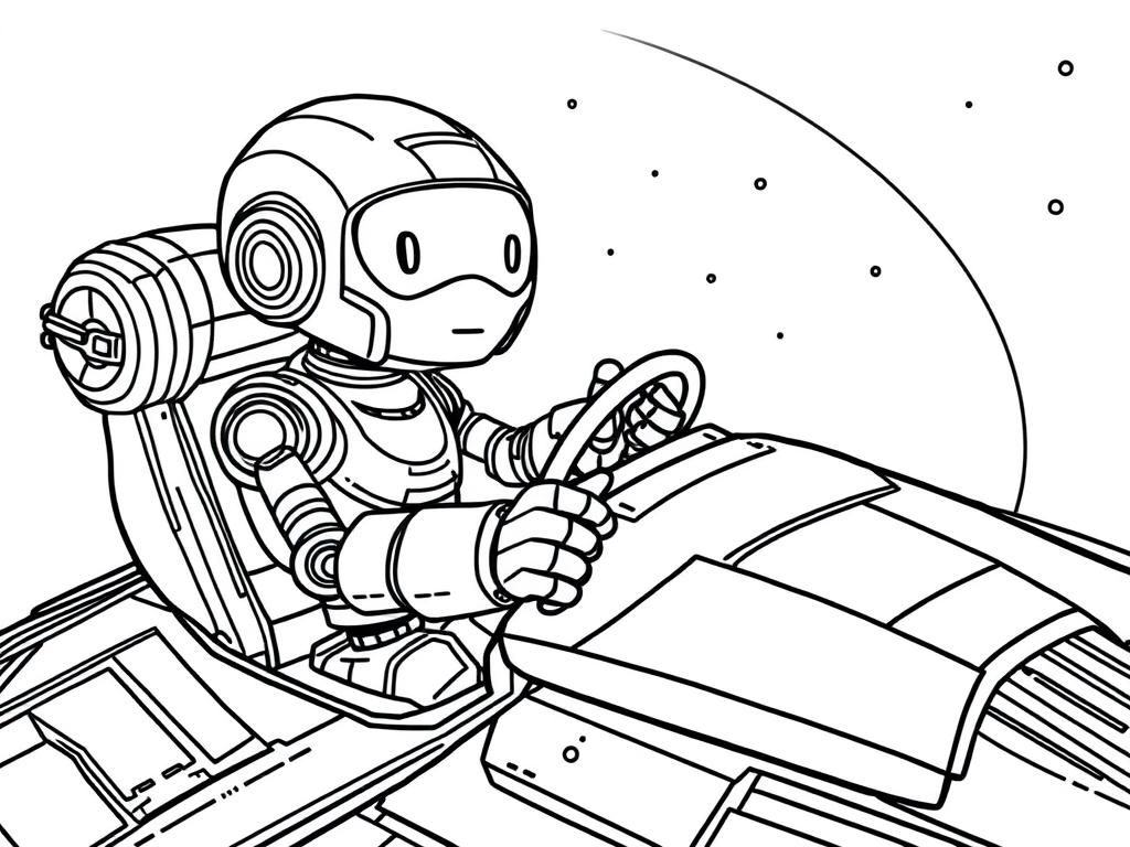 A robot named Omnega piloting a futuristic spaceship