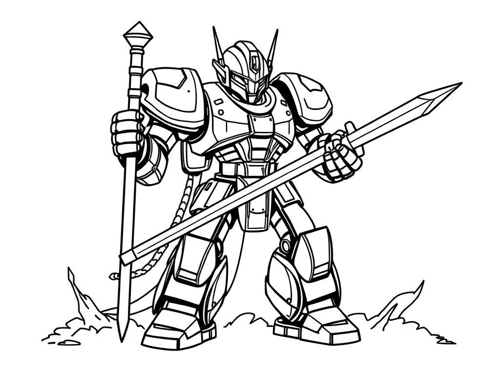 A robot warrior with a sword staff