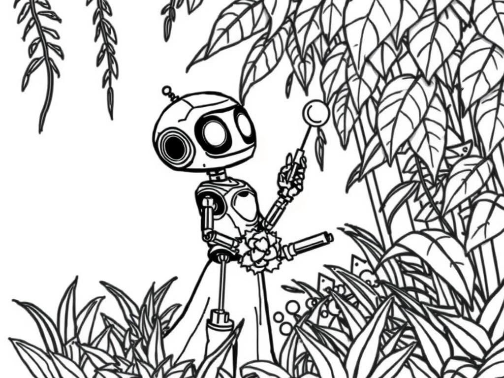 a robot wedding in the jungle - Free Printable Coloring Page