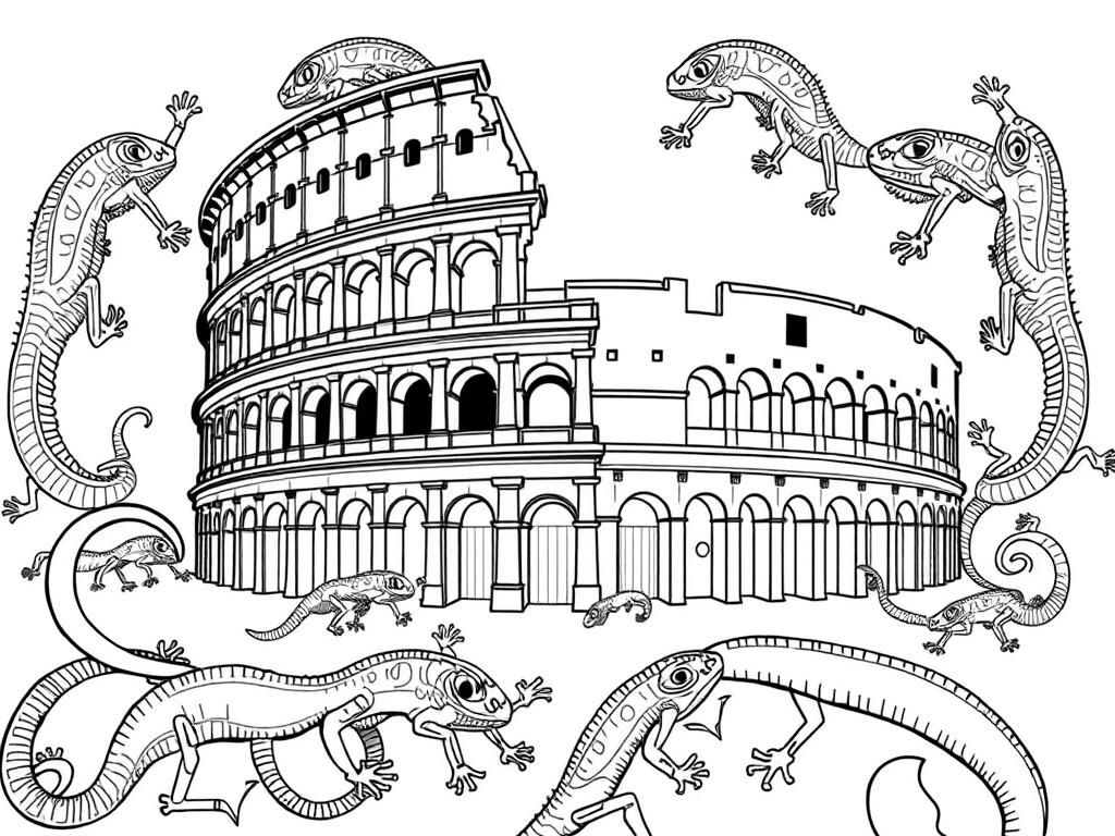 a roman colloseum overlaid onto a fractal made of geckos