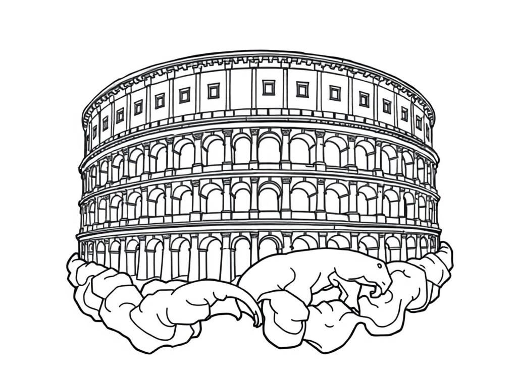 a roman colloseum overlaid onto an ovoid fractal