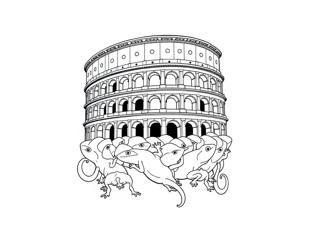 a roman colloseum standing on a fractal made of geckos