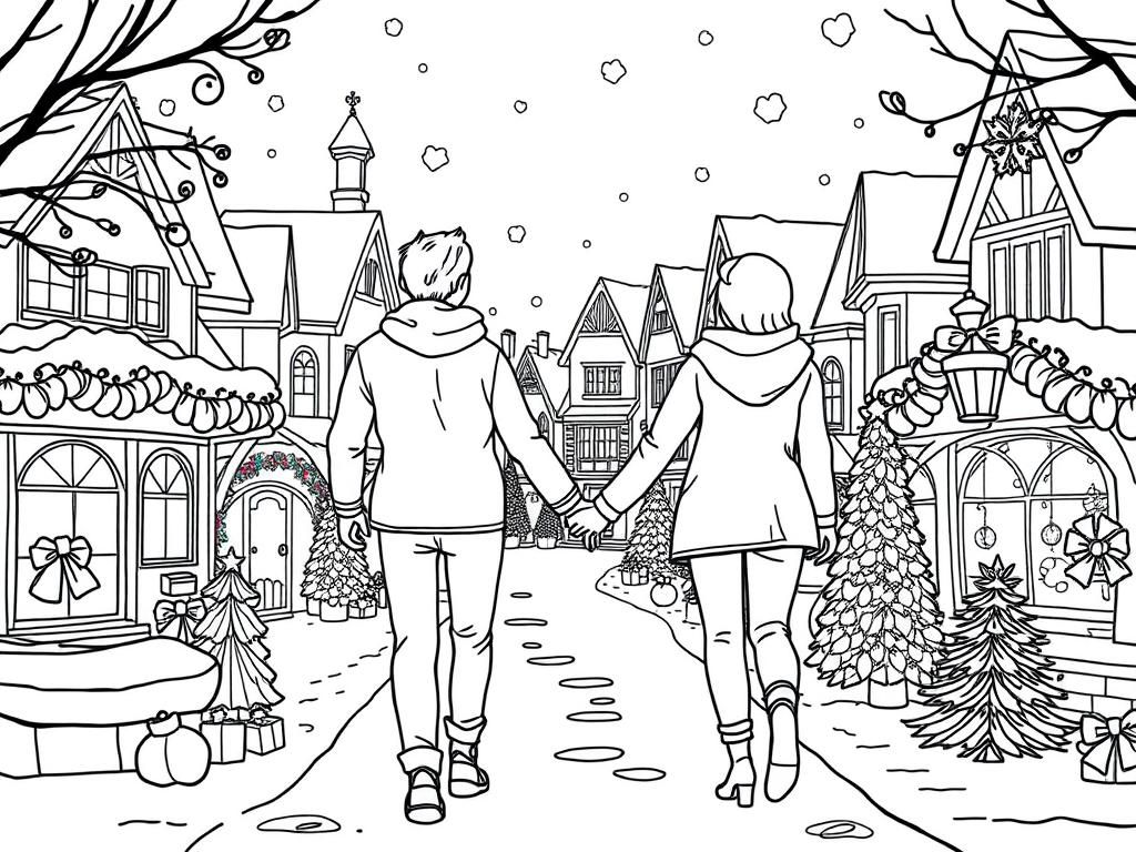 A romantic coloring page of a couple holding hands while walking in christmas village