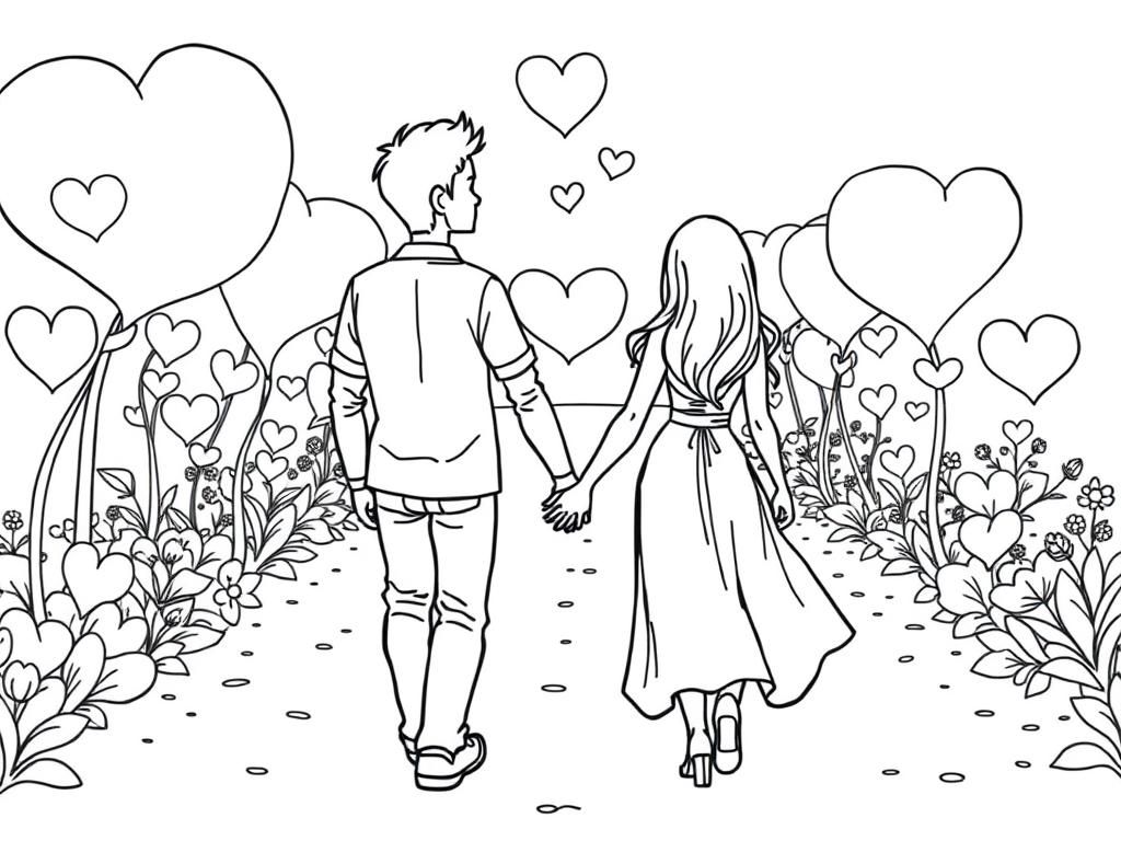 A romantic coloring page of a couple holding hands while walking through a heart-shaped garden. - Valentines Day Coloring Page