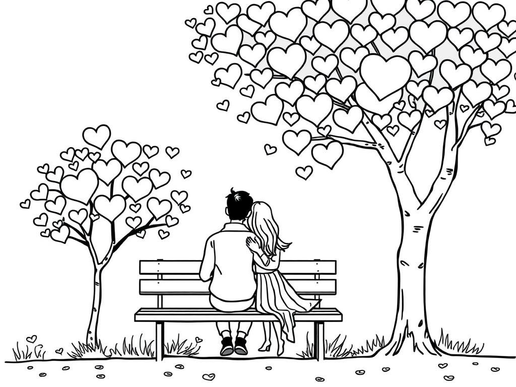 A romantic couple sitting on a park bench under a tree full of heart-shaped leaves, a fun Valentines Day coloring page