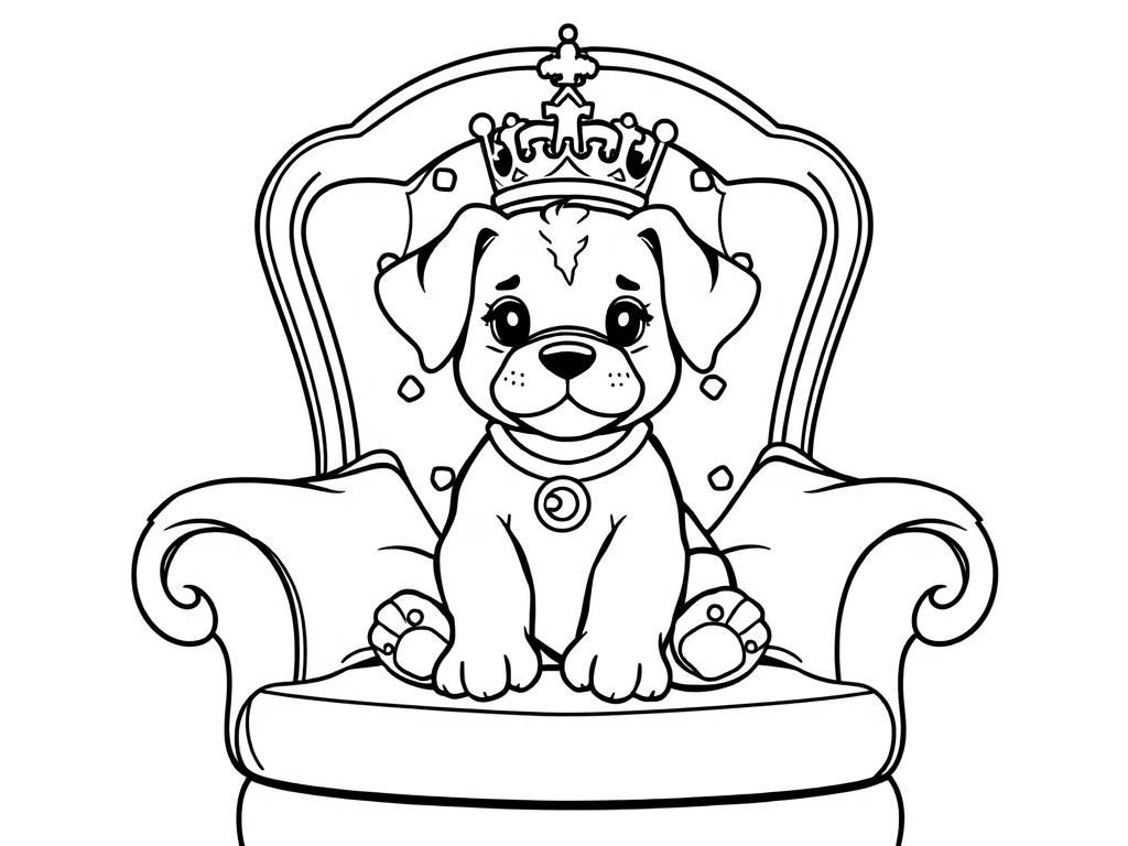 Preview of A royal puppy sitting on a velvet throne, wearing a tiny crown and surrounded by luxurious pillows