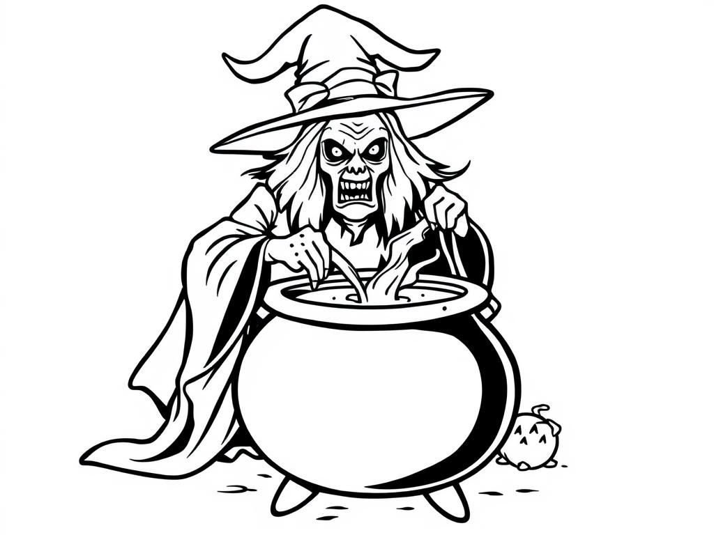 Preview of A scary witch stirring her potion in a cauldron