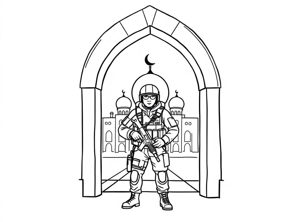 A seal team 6 member in full tactical gear with gpnvg standing in the doorway of a mosque