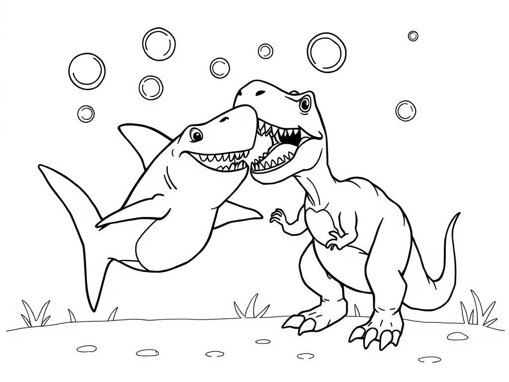 T-Rex and Shark Friendship Coloring Page