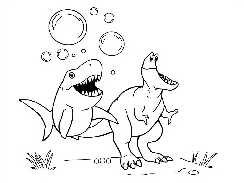 Shark and Dinosaur Coloring Page