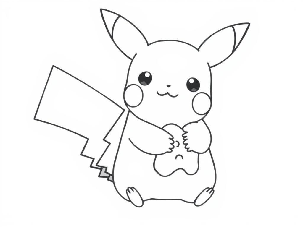 Preview of A simple and cute baby pikachu coloring pages drawing of Baby Pikachu hugging a tiny stuffed toy.