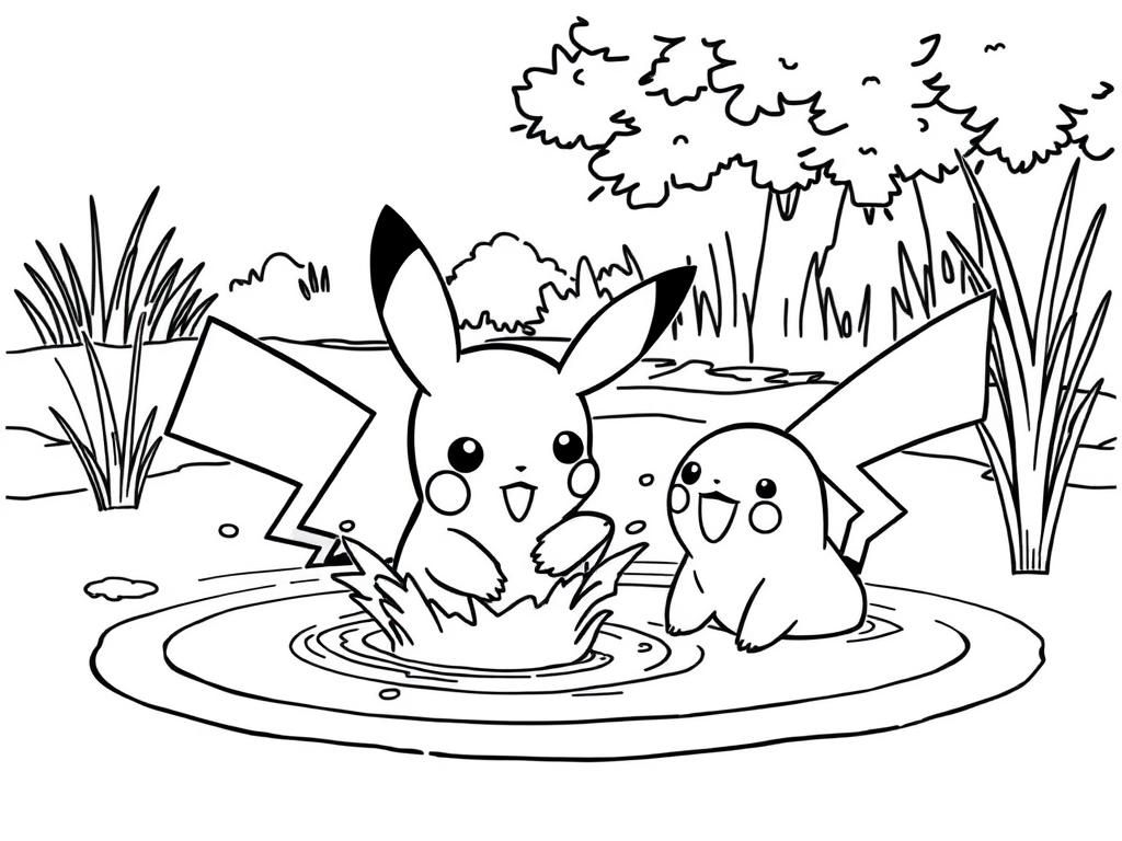 Preview of A simple and fun baby pikachu coloring pages drawing of Baby Pikachu splashing in a shallow pond with a happy Lotad