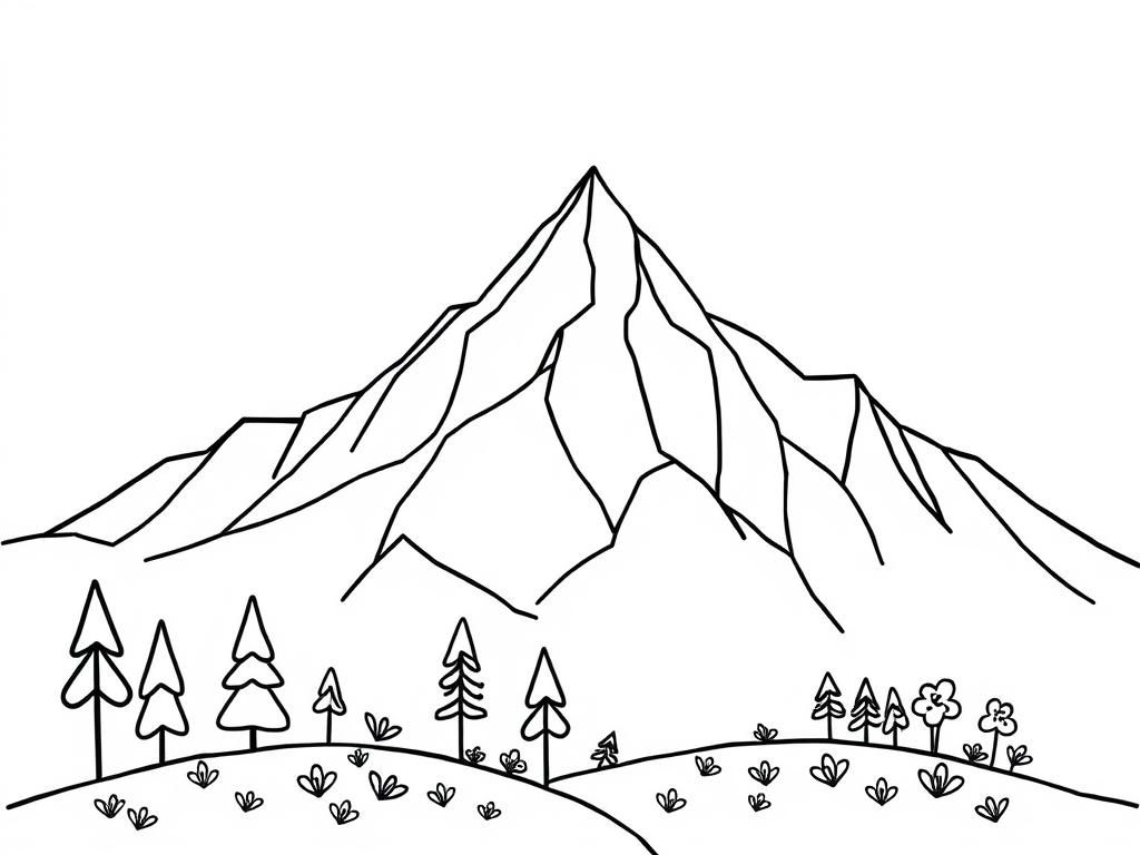 A simple geometric mountain scene with some small elements of trees and flowers