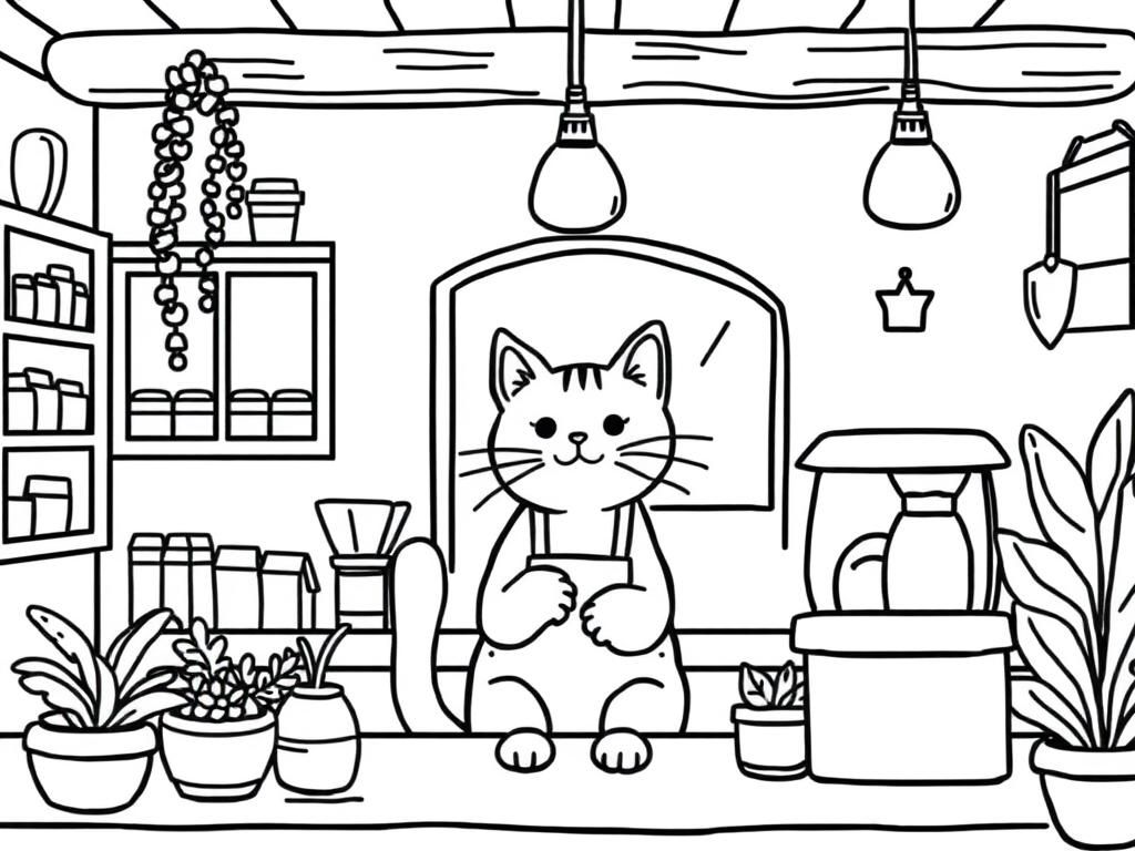 A simple scene of a cute cat barista in a cottage inspired coffee shop - Free Printable Coloring Page