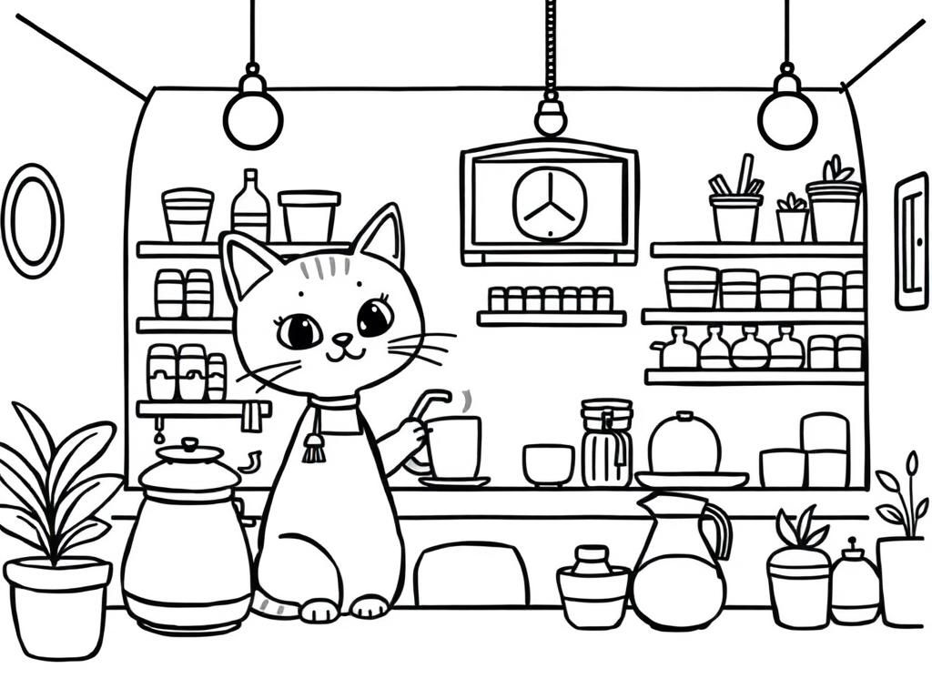 A simple scene of a cute cat barista in a cottage inspired coffee shop with coffee supplies in the shop - Free Printable Coloring Page