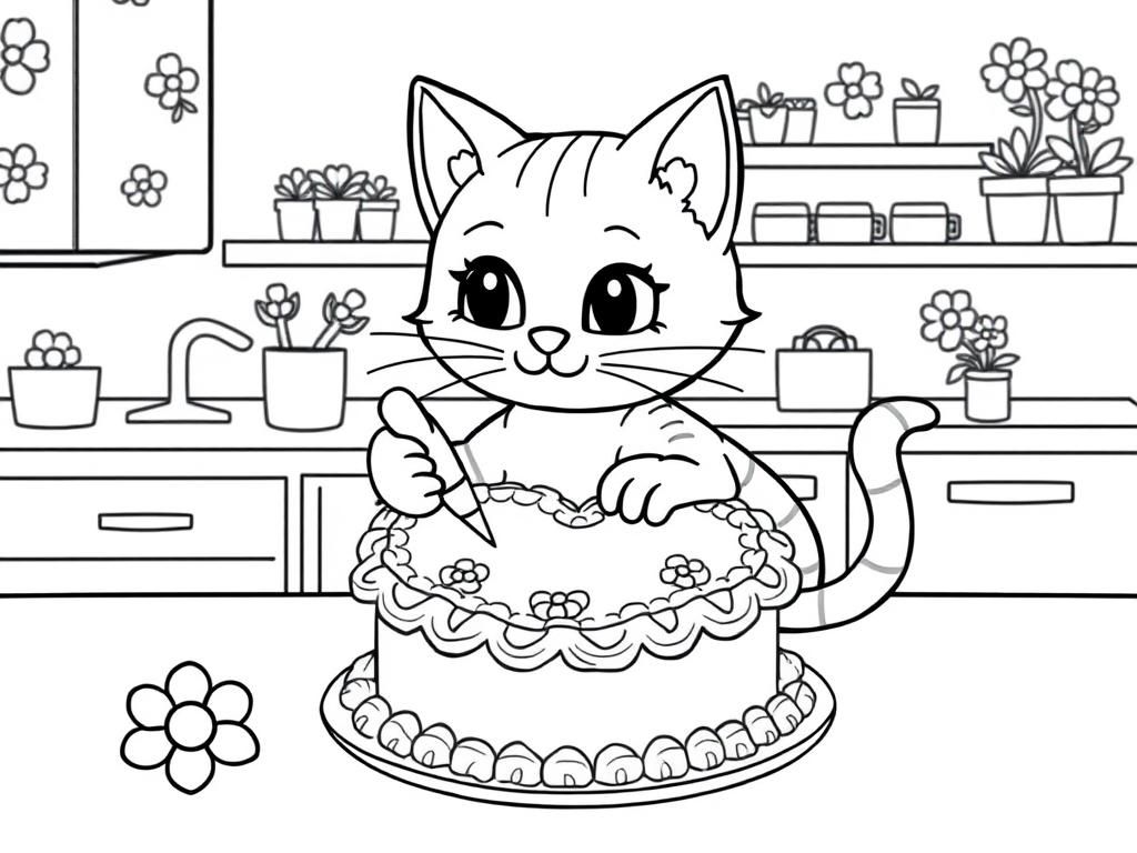 A simplistic scene of a cute cat icing and decorating a heart shaped cake with frilly piping in a kitchen with flowery decorations - Free Printable Coloring Page