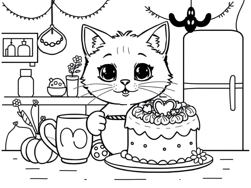 Whiskers' Cake Delight: A Cute Cat Coloring Page