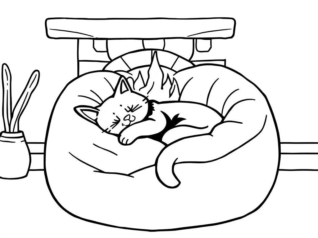 A sleeping black cat in a beanbag chair with a cozy fireplace - Free Printable Coloring Page