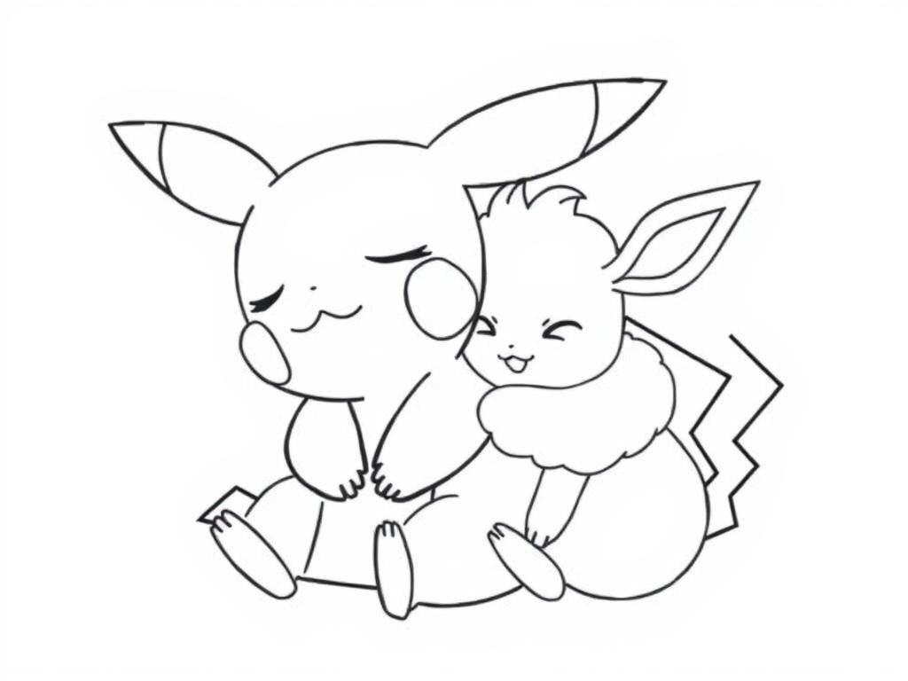 Preview of A sleepy baby pikachu coloring pages moment showing Baby Pikachu yawning while curled up next to an Eevee