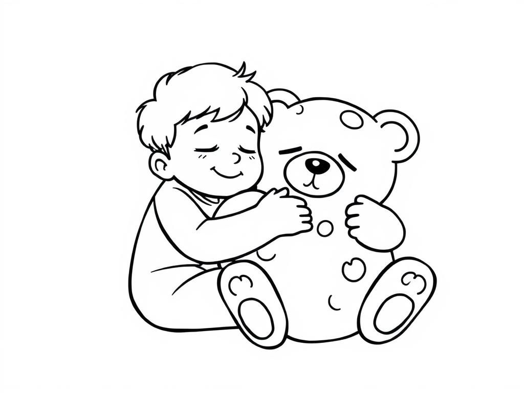 Preview of A sleepy person cuddling a giant cookie like a teddy bear, smiling peacefully. Fun, humorous style with simple yet bold lines.