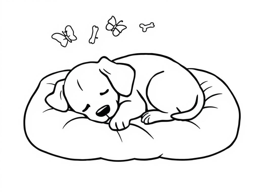 Preview of A sleepy puppy curled up in a cozy dog bed, dreaming of chasing butterflies and bones