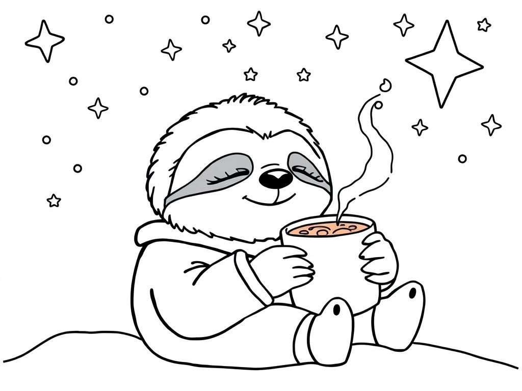 Preview of A sleepy sloth wearing pajamas, drinking hot cocoa under a starry sky.