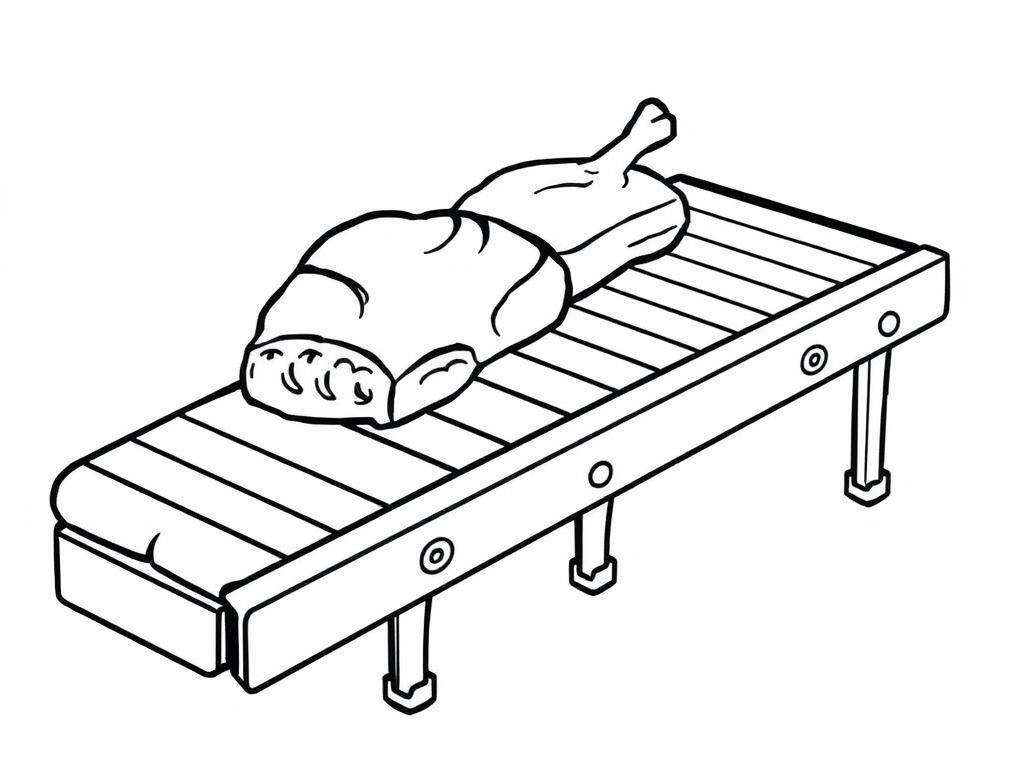 a small but long conveyor belt  with meat on it from the left