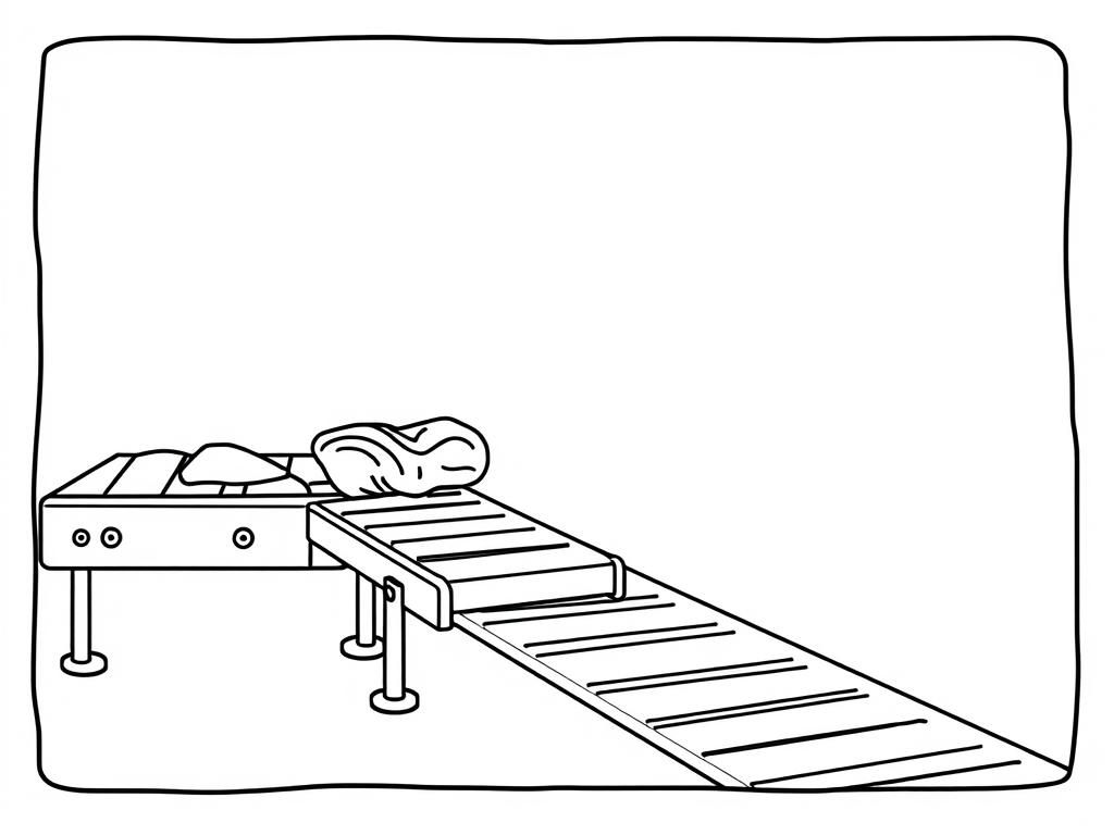 a small but long conveyor belt  with meat on it from the left