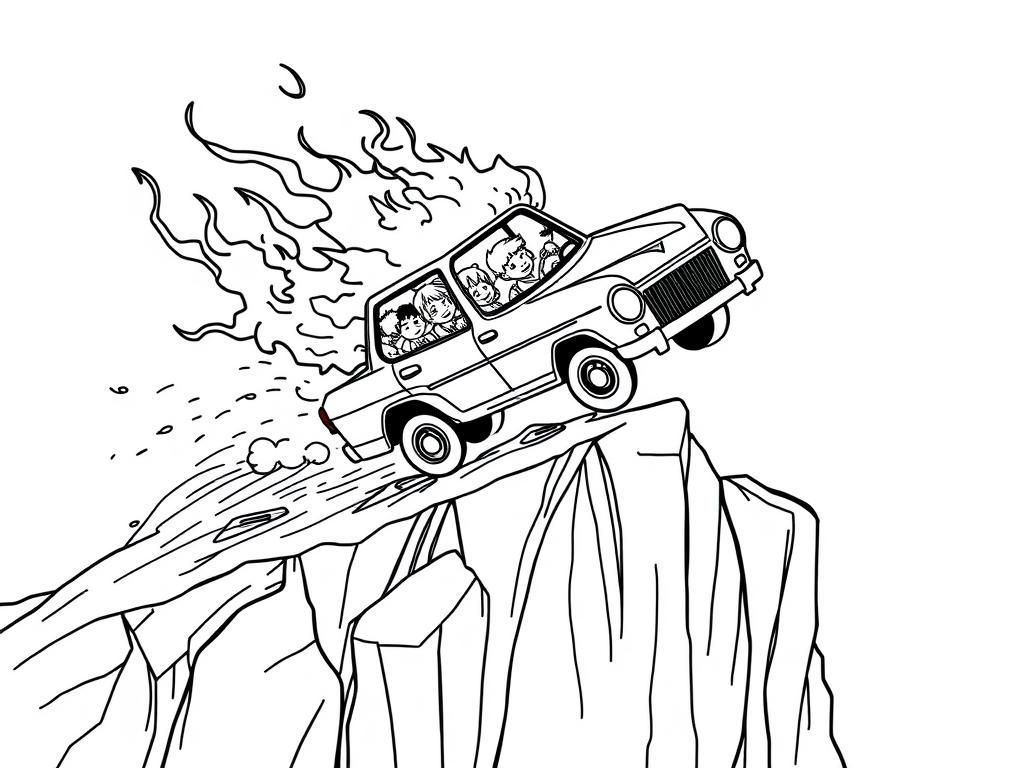 Preview of a small car full of children on fire flying off a cliff