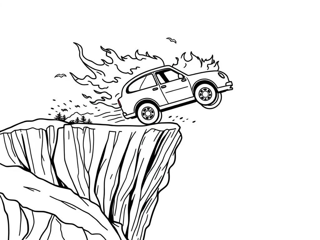 a small car on fire flying off a cliff