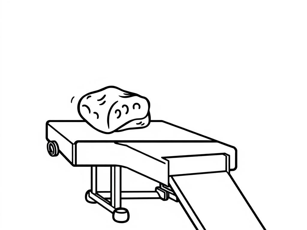 a small conveyor belt  with meat on it from the left