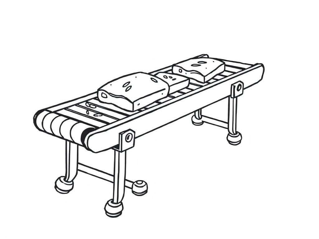 a small conveyor belt  with meat on it from the left