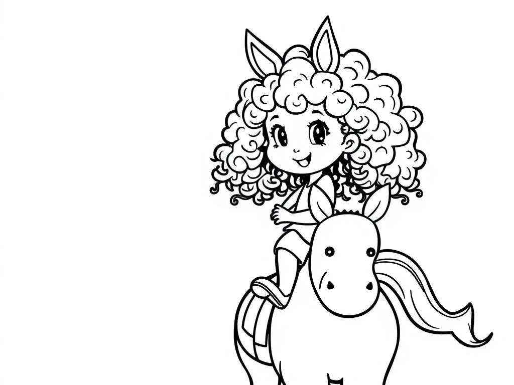 a small curly haired little girl riding a happy pony - Free Printable Coloring Page