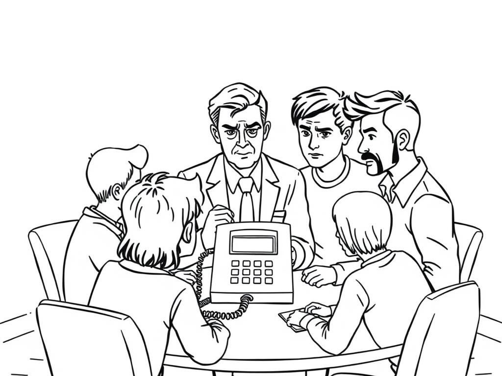 Preview of A small group of people in a conference room huddled around a telephone set on speaker. One of the men looks very angry.