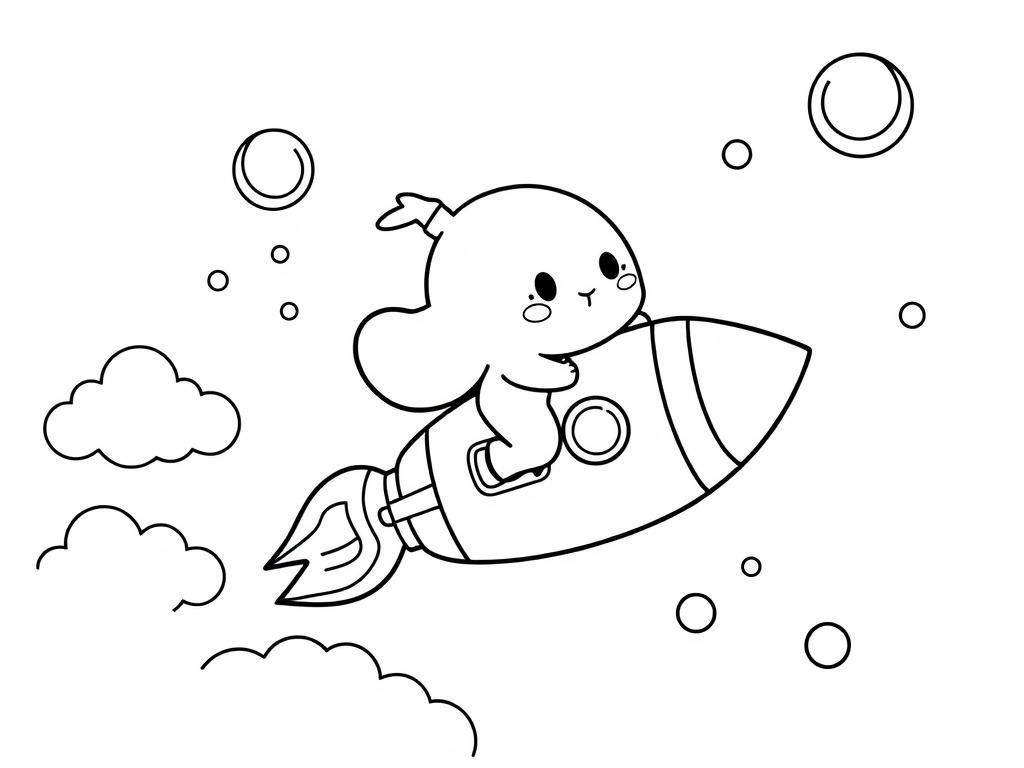 Preview of a smikogurashi pengin flying riding a rocket. the rocket is flying amongst clouds and bubbles