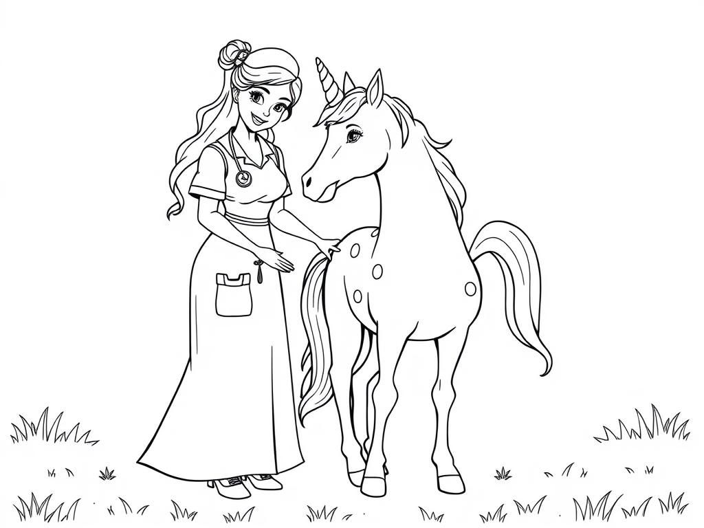Girl and Unicorn Coloring Page
