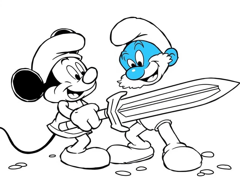 a smurf fighting mickey mouse with a giant sword. Mickey is about to die.