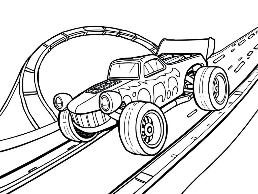 Preview of A sober Bone Shaker Hot Wheels car zooming down a track with a loop, a jump, and a ramp