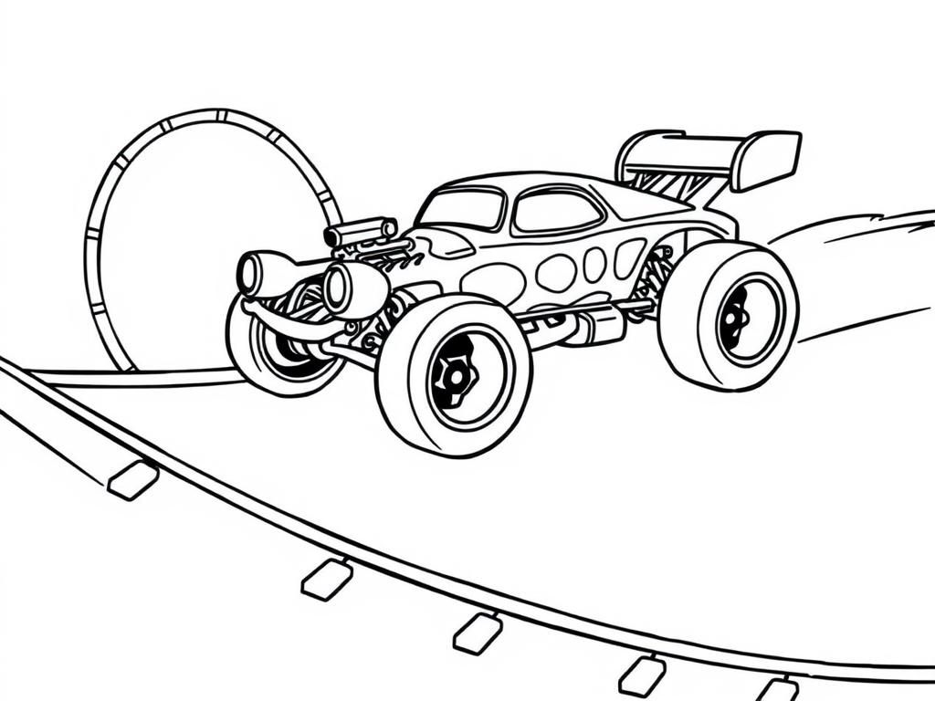 Preview of A sober hot wheels Bone Shaker Hot Wheels car zooming down a track with a loop, a jump, and a ramp